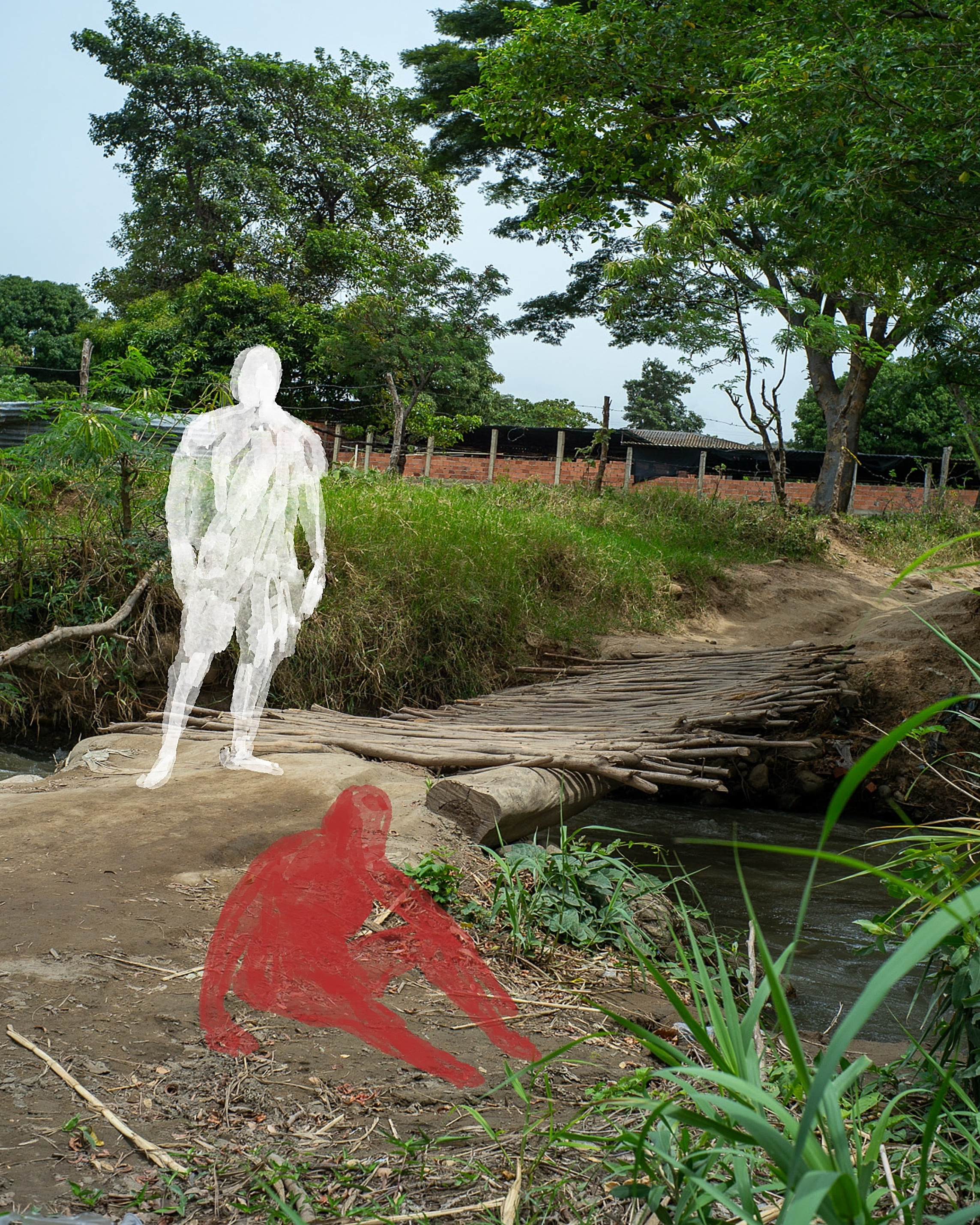 A dirt riverbank with a makeshift bridge of bundled wooden poles over a narrow stream. Two figures are painted over the photo: a translucent white standing figure and a red crouching figure.